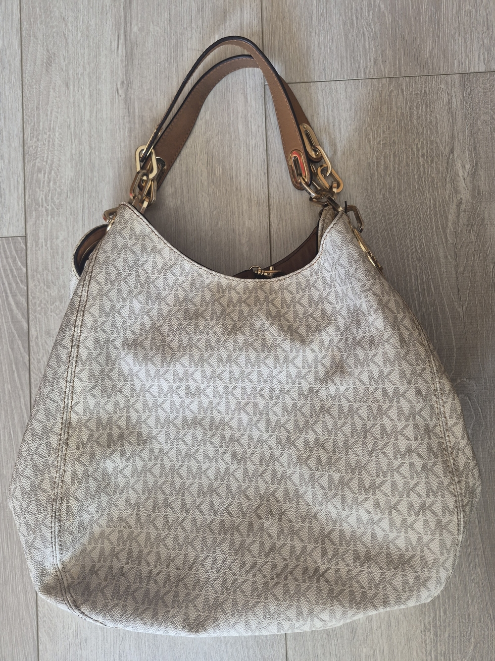 Michael Kors Large Signature MK Logo Hobo Shoulder Bag Vanilla Brown